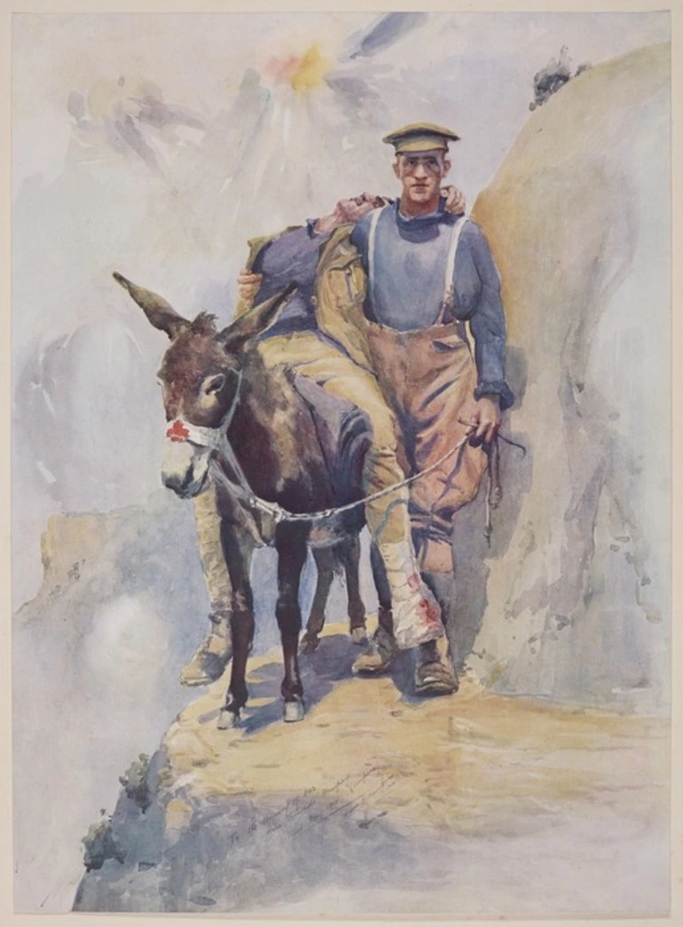 Image: Moore-Jones, Horace Millichamp 1878-1922 :To the memory of our hero comrade 'Murphy' (Simpson) killed May 1915. Heroes of the Red Cross. Private Simpson, D.C.M., & his donkey at Anzac. Printed in England and published by W. J. Bryce, 24a Regent Street, London, S.W. 1. 1918.