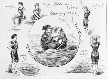 Image: New Zealand Graphic & Ladies Journal :Sketches at a ladies' swimming contest. A spill; In meditation; Biding her time; Now for a plunge; A good one to follow; Standing at ease. [1892]