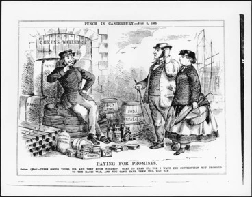 Image: Cartoonist unknown :Paying for promises. Punch in Canterbury, 8 July 1865.