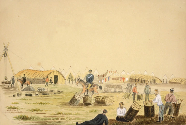 Image: Hamley, Joseph Osbertus, 1820-1911 :Soldiers making gabions, Pukerimu, Waikato [April? 1864]