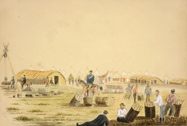Image: Hamley, Joseph Osbertus, 1820-1911 :Soldiers making gabions, Pukerimu, Waikato [April? 1864]