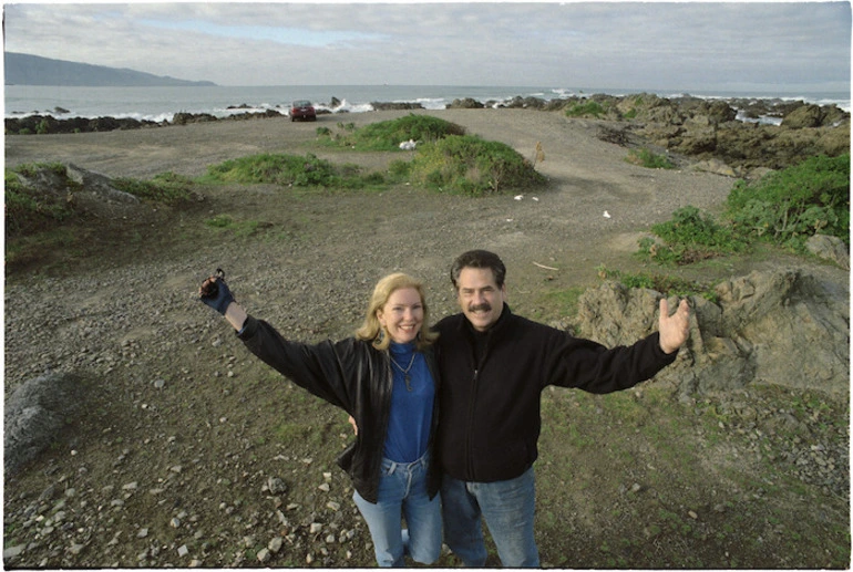 Image: Judy Hutt and Victor Anderlini at site of proposed marine conservation centre, Te Raekaihou Point, Lyell Bay, Wellington - Photograph taken by Phil Reid