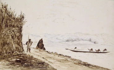 Image: Pearse, John, 1808-1882 :Hutt Road - Wellington Harbour - Somes Island from entrance to Braithwait's clearing, Nga Hauranga. [Between 1852 and 1856]