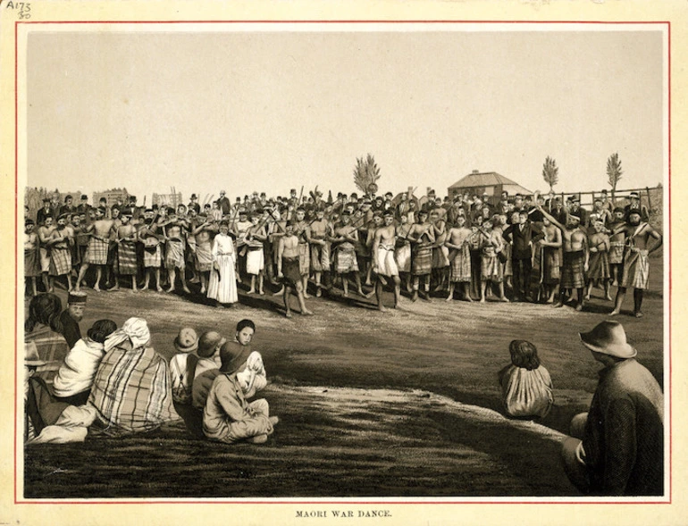 Image: Artist unknown :Maori war dance [1880s-1920s?]