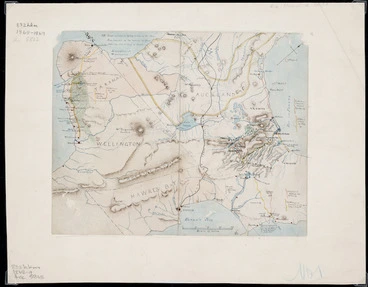 Image: [Hill, Howard, fl 1870's-1880's] : [Central North Island showing war campaigns and trails led by Colonel George Whitmore against Maori during the New Zealand Wars] [ms map]. 1868-1869.