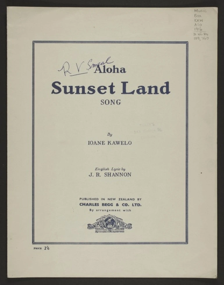 Image: Aloha sunset land / Ioane Kawelo ; English lyric by J.R. Shannon.