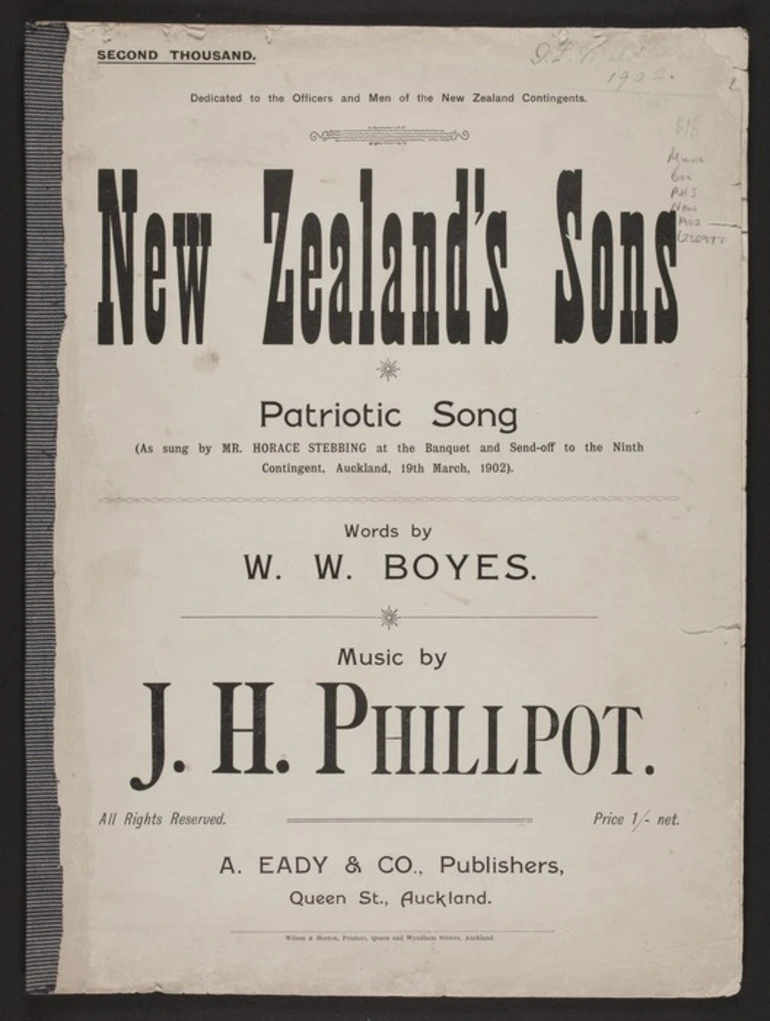 Image: New Zealand's sons : patriotic song / words by W.W. Boyes ; music by J.H. Phillpot.