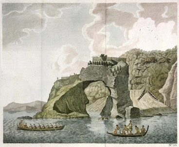 Image: Sporing, Herman Diedrich 1733-1771 :A fortified town or village, called a hippah, built on a perforated rock at Tolaga in New Zealand. [London, Strahan, 1773]
