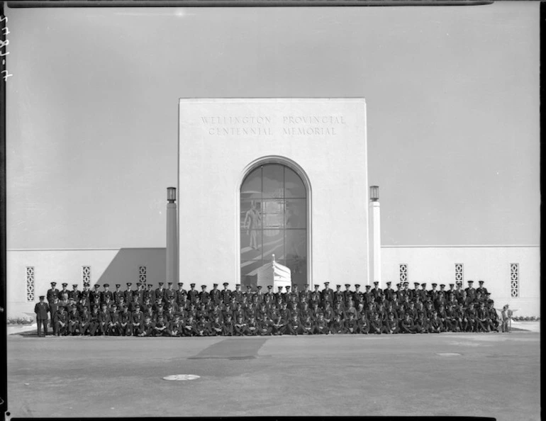 Image: Unidentified group in uniform, in front of the Wellington Provincial Centennial Memorial in Petone