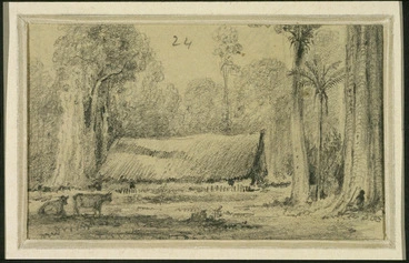 Image: Swainson, William, 1789-1855 :[Thatched cottage in a clearing. Hutt Forest, ca 1847]