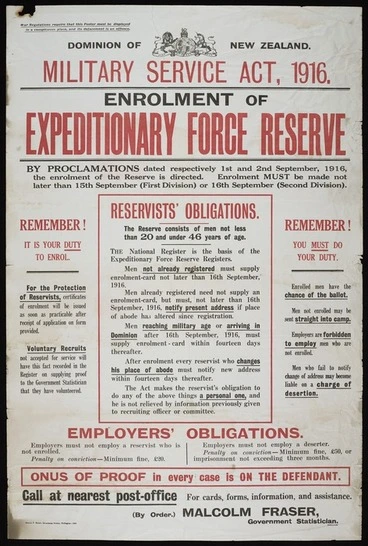 Image: Dominion of New Zealand. Military Service Act, 1916 :Enrolment of Expeditionary Force Reserve...Call at nearest post-office.. 1916.