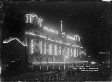 Image: Auckland Post Office illuminated for visit of the Prince of Wales