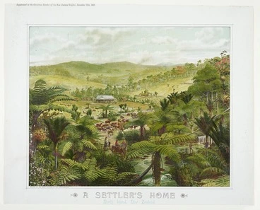 Image: Schmidt, William, 1870-1968: A settler's home, North Island, New Zealand / W Schmidt [del]. Supplement to the Christmas number of the New Zealand graphic, December 18th, 1901. Printed by the Brett Printing Co., Ltd., Auckland, N.Z.