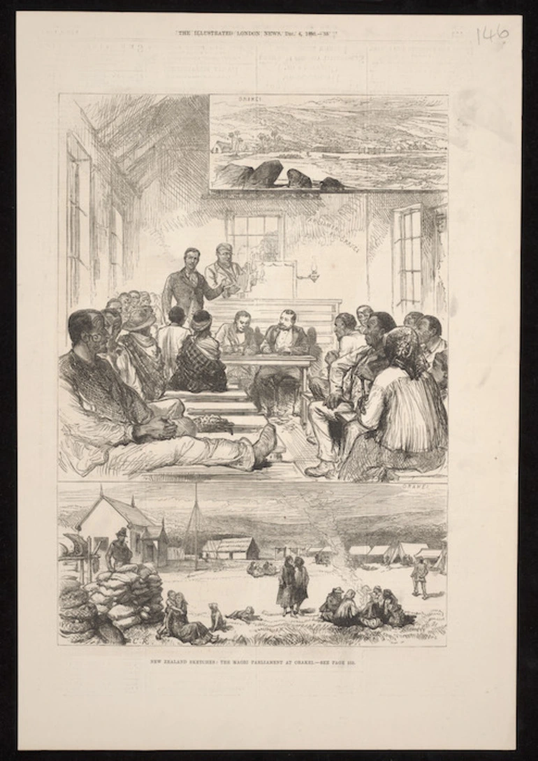 Image: Artist unknown :New Zealand sketches; the Maori parliament at Orakei - see page 553. The Illustrated London news, Dec. 4, 1880 - [page] 55[7?]