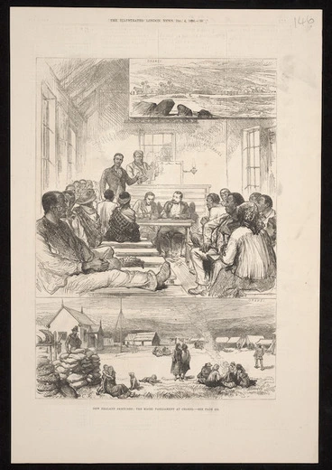 Image: Artist unknown :New Zealand sketches; the Maori parliament at Orakei - see page 553. The Illustrated London news, Dec. 4, 1880 - [page] 55[7?]