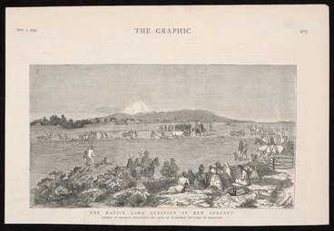 Image: Walsh, Philip, 1843-1914 :The native land question in New Zealand. Arrest of Maories ploughing on land of European settlers in Taranaki. The Graphic, Nov. 1, 1879, [page] 425.