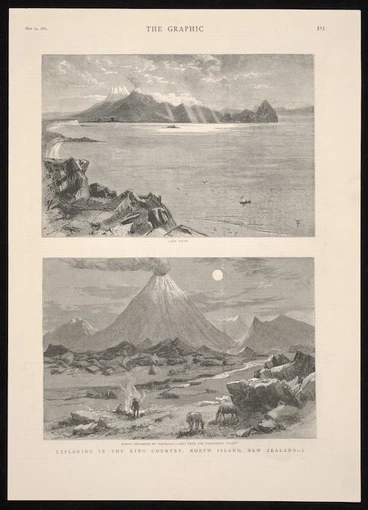 Image: Artist unknown :Exploring in the King Country, North Island, New Zealand - I. Lake Taupo / TG [sc.]; Mount Tongariro by moonlight - seen from the Waihohonu Valley. The Graphic, May 24, 1884, [page] 513