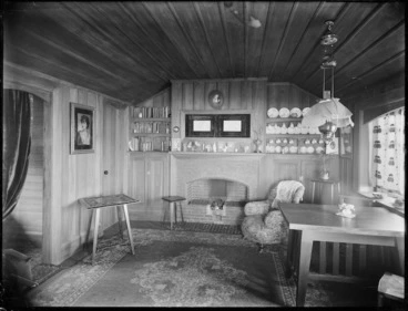 Image: Living room interior of a bungalow designed by Samuel Hurst Seager, The Spur, Sumner, Christchurch