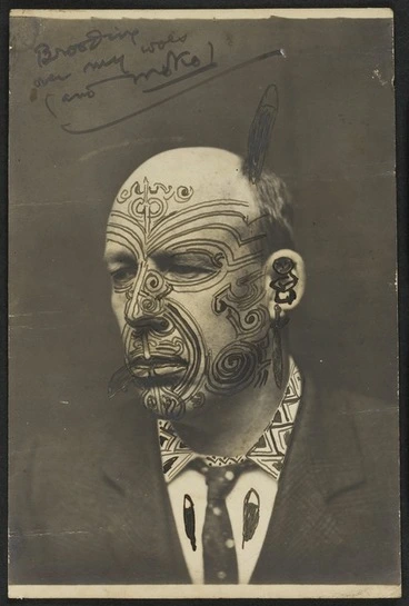 Image: Photograph of James Cowan, with a moko drawn in pen