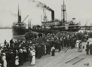 Image: Weekly Press, 1865-1928 (Newspaper) : Lyttelton wharf showing troopships and a crowd farewelling World War 1 troops