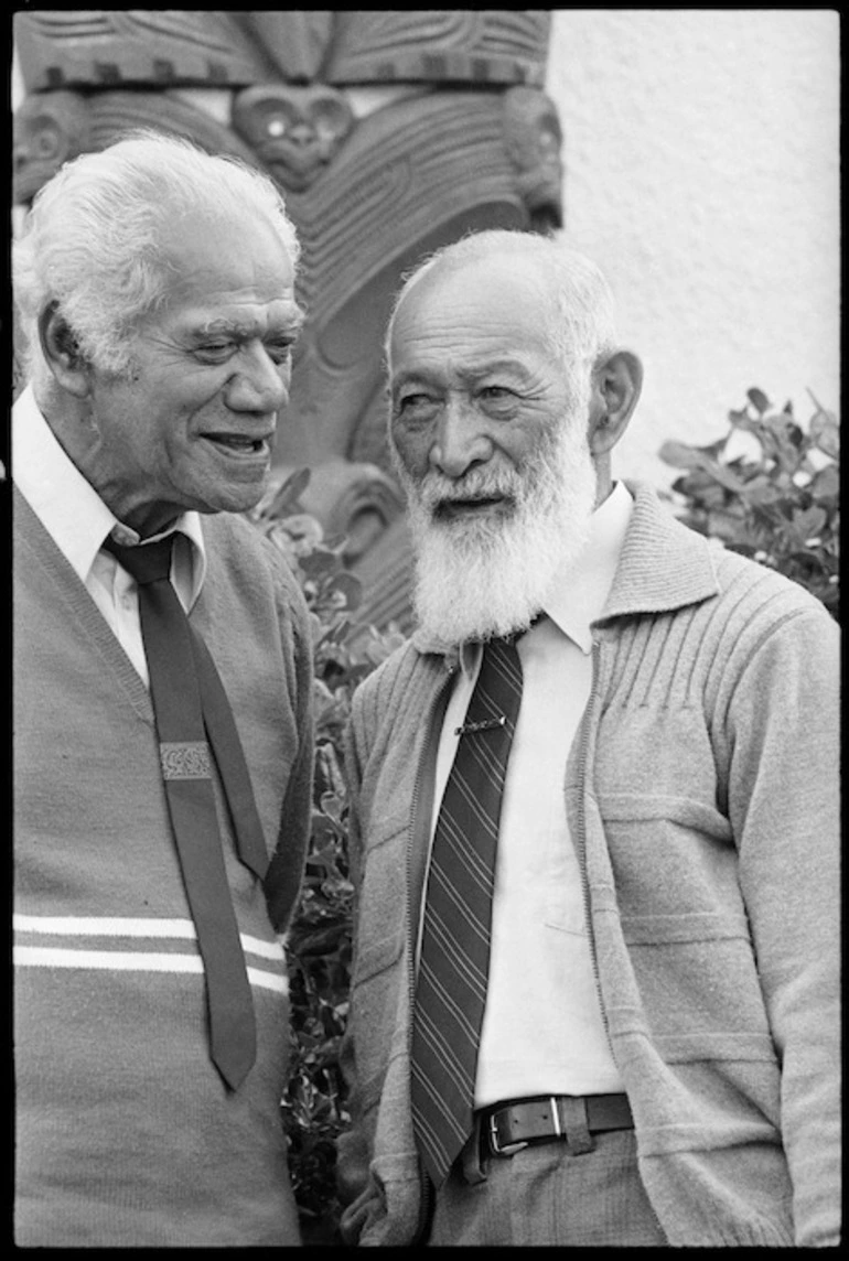 Image: Maori elders Mr Hemi Te Wau-Peita and Mr Ephraim Te Paa at Waiwhetu Marae, Lower Hutt - Photograph taken by Ian Mackley