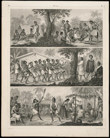 Image: Artist unknown :[New Zealand and Pacific peoples; vertical triptych]. G Heck dirt; Henry Winkles sculpt. IV. B. 5, Taf. 40 [page] 299. [ca 1849-1860]