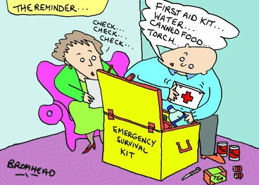 Image: The reminder... Emergency survival kit. "First aid kit... water... canned food... torch..." 6 September 2010