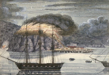 Image: [Williams, John], d 1905 :H M S North Star, destroying Pomare's pa, Otiuhu, Bay of Islands (1845)
