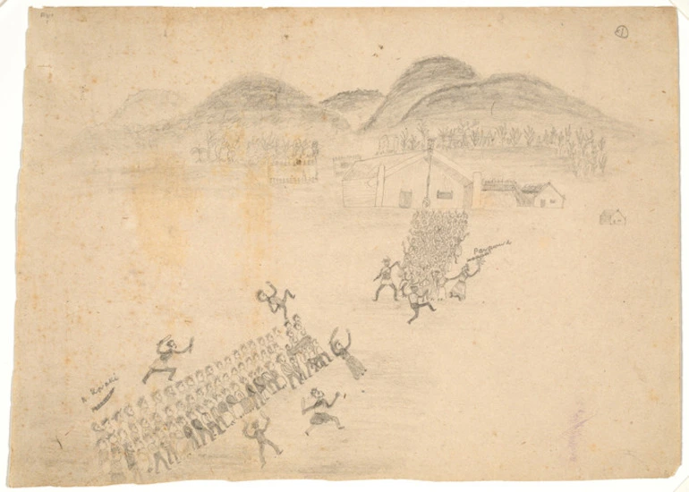 Image: [Artist unknown] :[Sketches of a Maori muru at Parawera; the marauding party being greeted by a war dance by the Parawera Tribe. Between 1860 and 1890?]