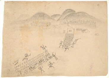 Image: [Artist unknown] :[Sketches of a Maori muru at Parawera; the marauding party being greeted by a war dance by the Parawera Tribe. Between 1860 and 1890?]