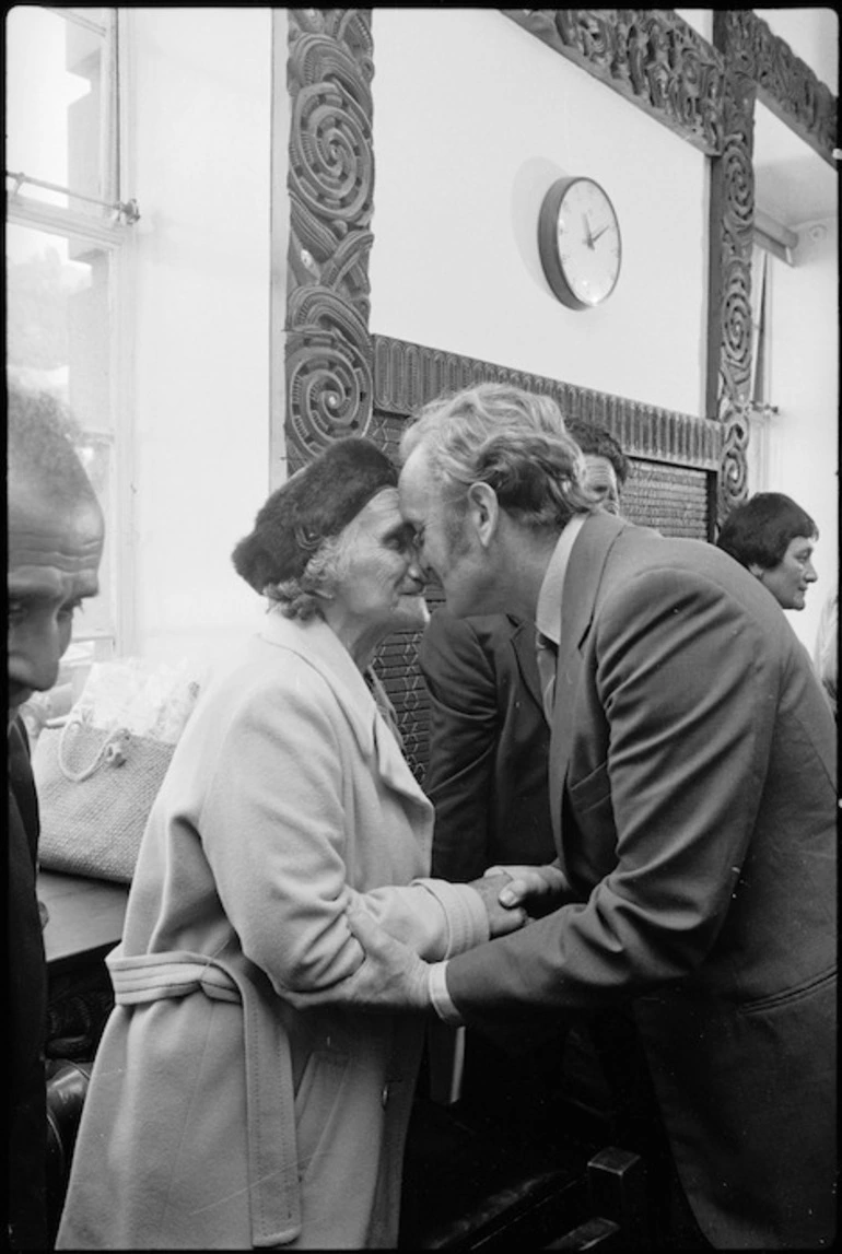 Image: The Minister of Maori Affairs, Duncan MacIntyre, and the leader of Te Roopu Ote Matakite, Whina Cooper, exhange greetings