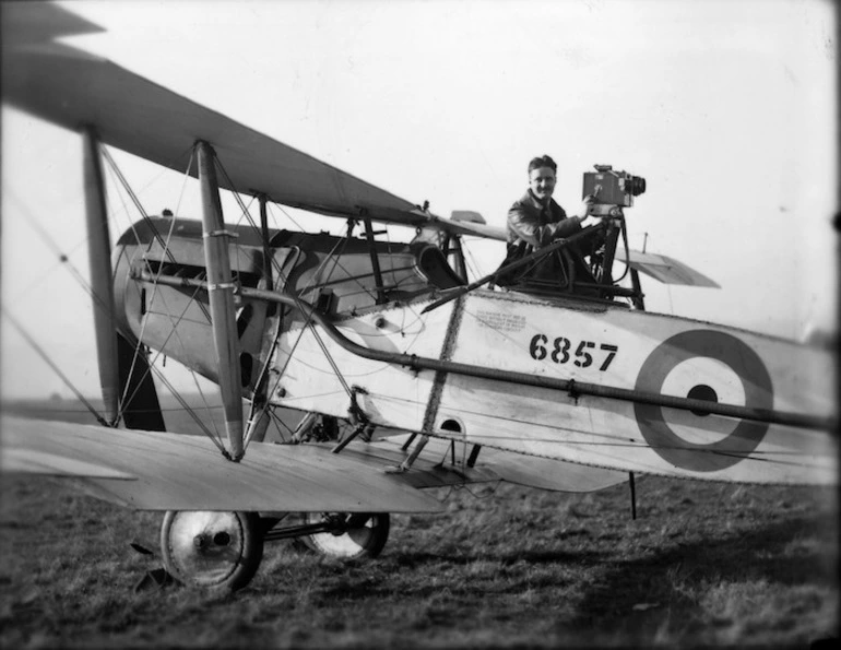 Image: Charlie Barton, with his movie camera, in a Bristol fighter F2B at Wigram