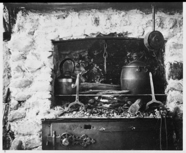Image: Reconstruction of pioneer hearth and stove - Photograph taken by John Dobree Pascoe