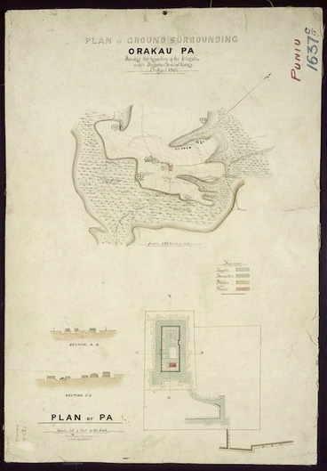 Image: Anderson, Robert S., fl. 1864 :Plan of ground surrounding Orakau Pa. Plan of pa [ms map]. Shewing the disposition of the troops under Brigadier General Carey, 2d April, 1864. Robert S. Anderson, draughtsman, 1864.