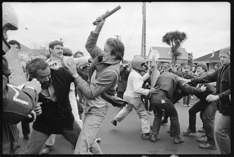 Image: Anti-tour protesters and rugby supporters clash in Sandringham Road outside Eden Park, Auckland