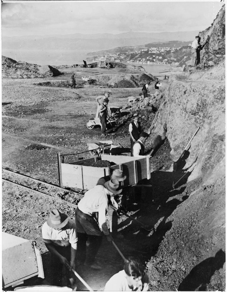 Image: Relief workers working on an earth moving project, Wellington