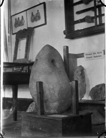 Image: Stone anchor from the Tokomaru canoe, on display at the Taranaki Museum, New Plymouth, 1934