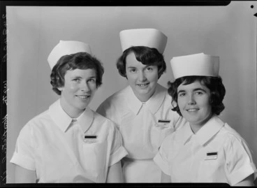 Image: Nurse Baldwinson, Nurse Bennett, Nurse Clifford, Wellington Hospital, State Final, May 1965