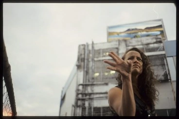 Image: Once were warriors production still showing Beth Heke and scenic billboard, Auckland