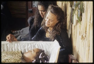 Image: Rena Owen and Mamaengaroa Kerr-Bell during rehearsal of Grace's tangi scene during shooting of Once were warriors, Auckland