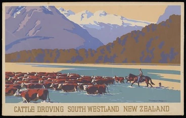 Image: King, Marcus, 1891-1983 :Cattle droving South Westland New Zealand [ca 1950].
