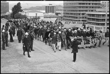 Image: Protesters on Hill Street, Wellington, marching during a demonstration against the 1981 Springbok tour