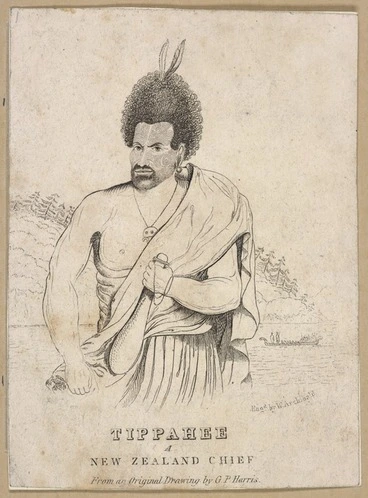 Image: Harris, George Prideaux Robert, 1775-1840 :Tippahee a New Zealand chief / eng[rave]d by W Archibald from an original drawing by G P Harris. [London, 1827].