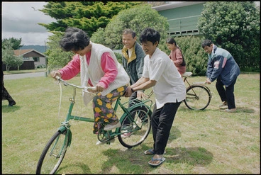Image: Cambodian refugees learning to ride bicycles in Waikanae - Photograph taken by Melanie Burford