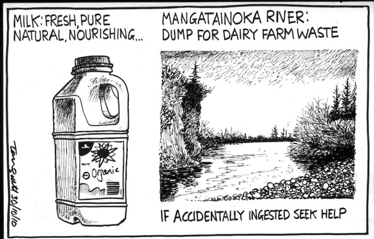 Image: Milk; Fresh, pure, natural, nourishing... Mangatainoka River; Dump for dairy farm waste. If accidentally ingested seek help. 30 October 2010