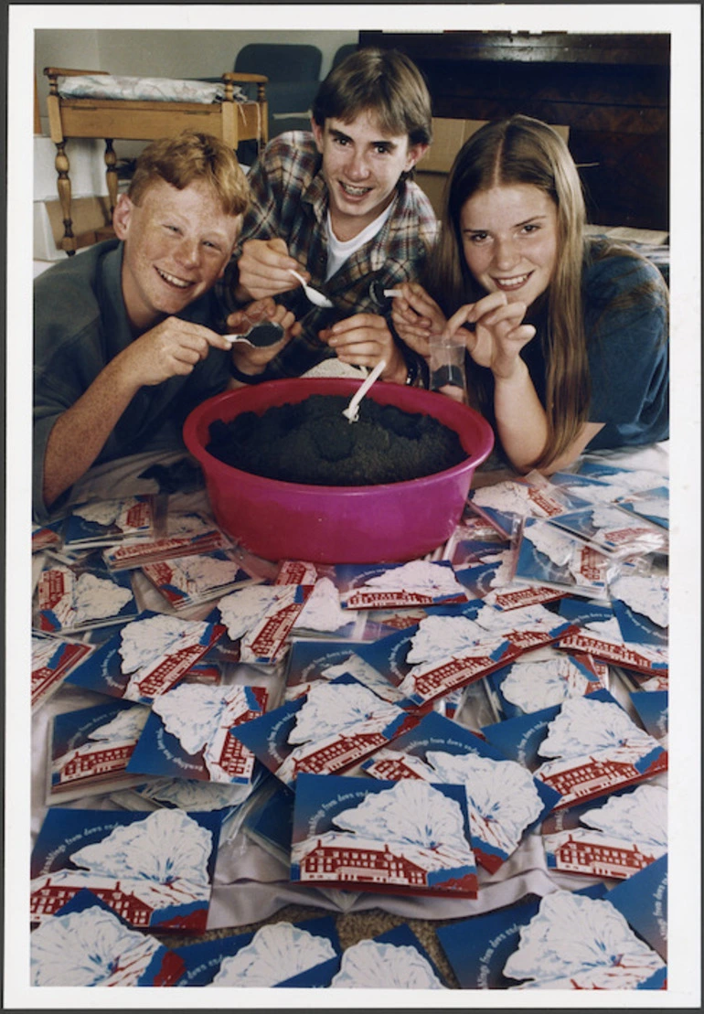 Image: Aorangi Ski Club members packaging ash from the eruption of Mount Ruapehu into Christmas cards - Photograph taken by Phil Reid