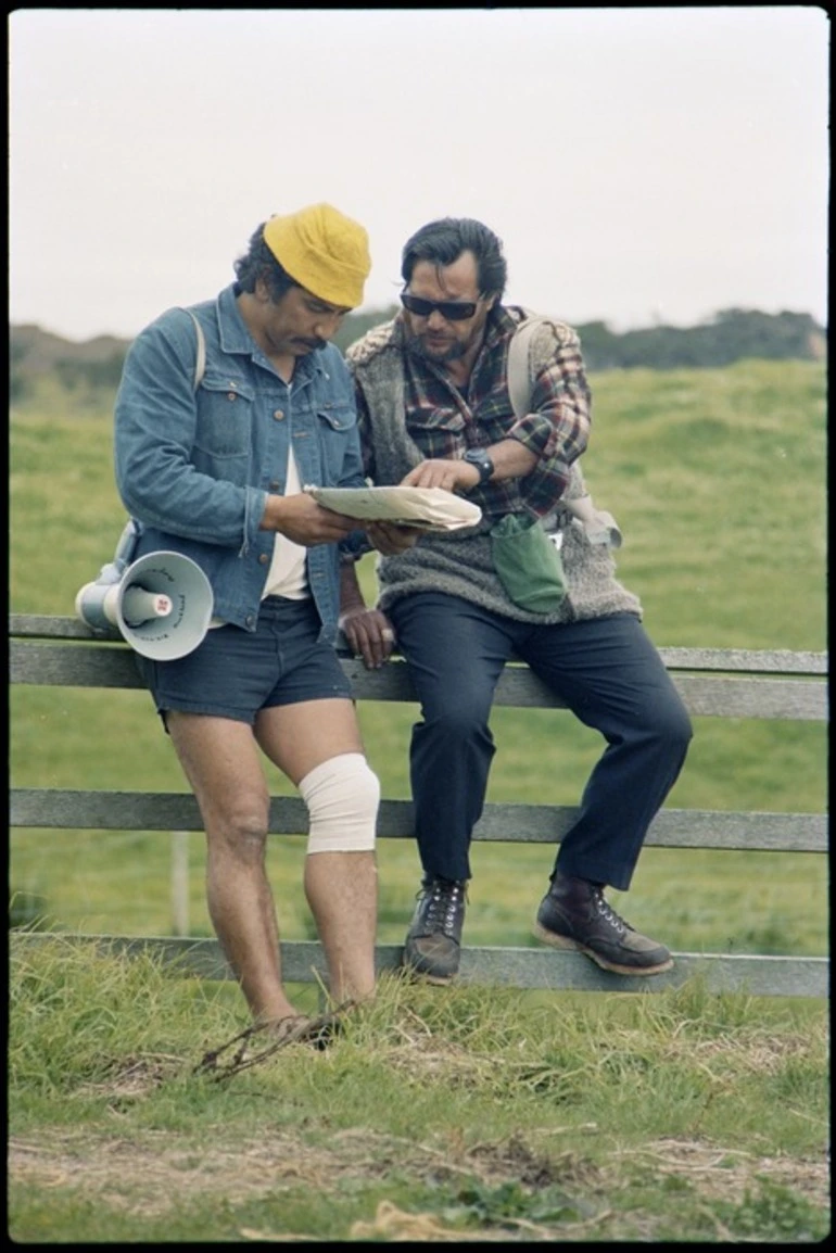 Image: Maori Land March participants Tama Poata and Witi McMath leaning on a fence