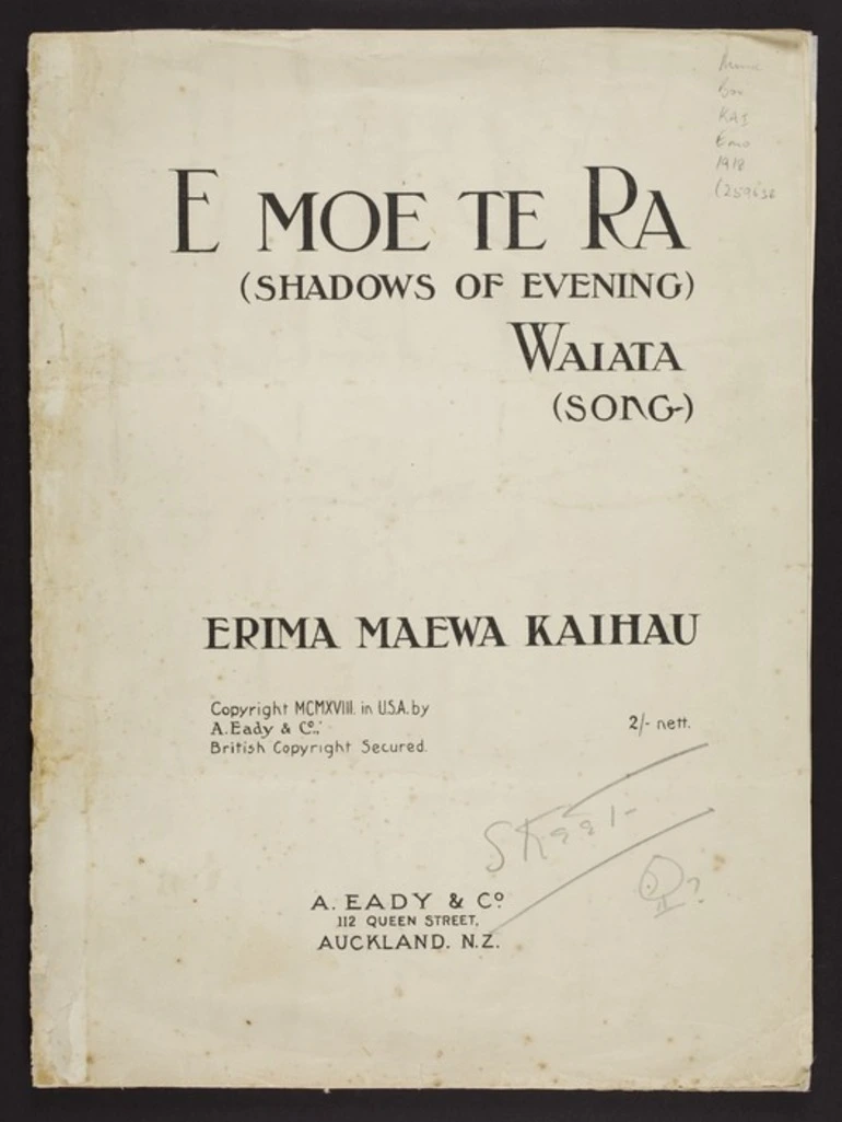 Image: E moe te rā : (Shadows of evening) : waiata song / Erima Maewa Kaihau.