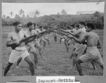 Image: Members of the Tonga Defence Force of 2nd NZEF, during a bayonet drill in Tonga
