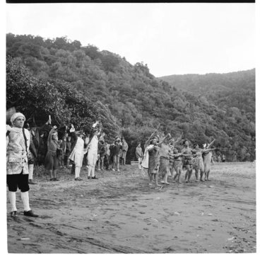Image: Re-enactment of the landing of Captain Cook, during the visit of Queen Elizabeth II; HMY Britannia in the Marlborough Sounds